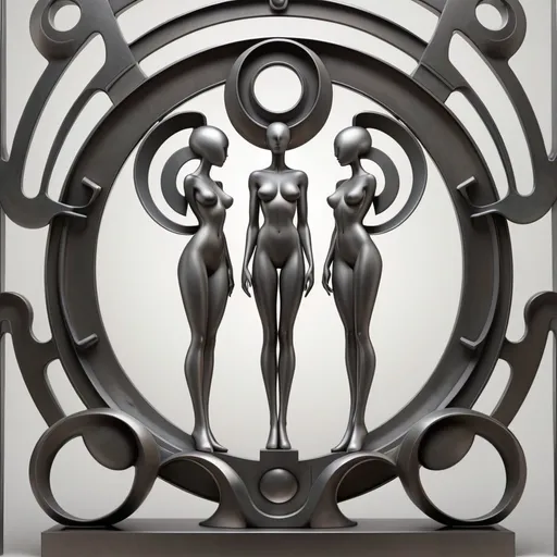 Prompt: album artwork, 3d, full hd, abstract, logo, figures, steel , dualism , forms, art nouveau, bauhaus,4d,