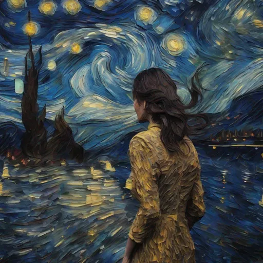 Prompt: post impressionism, impasto, a highly detailed hyper realistic rendition of Van Gogh, starry night, intricate and mysterious dark nature background, high resolution, 4k, 8k, woman