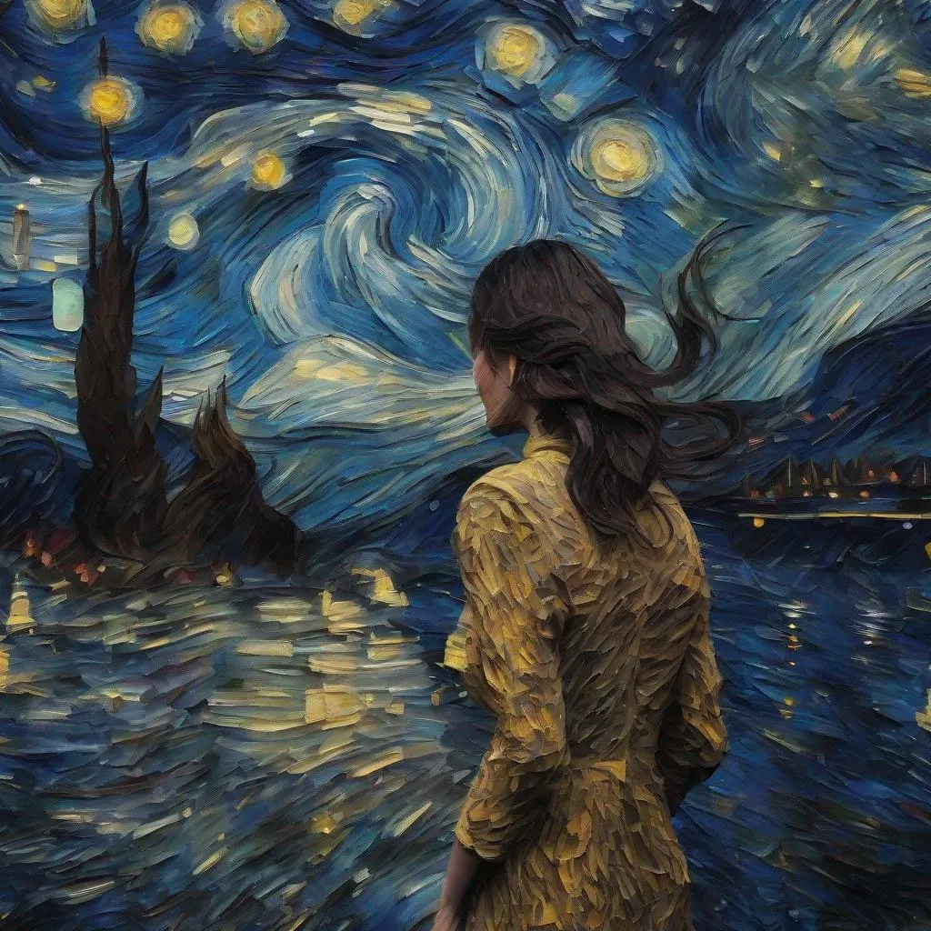 Prompt: post impressionism, impasto, a highly detailed hyper realistic rendition of Van Gogh, starry night, intricate and mysterious dark nature background, high resolution, 4k, 8k, woman