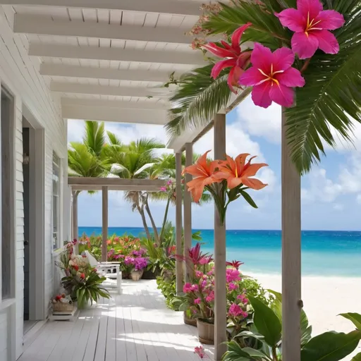 Prompt: a beach house, flowers, tropical, gorgeous