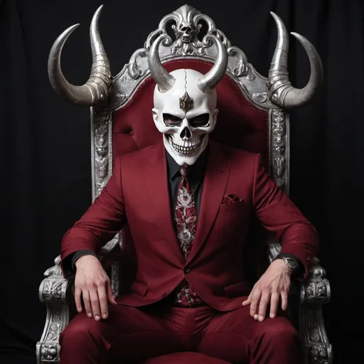 Prompt: Real photography of a man sitting in a throne. He wears a dark red suit, a skull ceramic mask, with horns in the mask. The mask is silver.