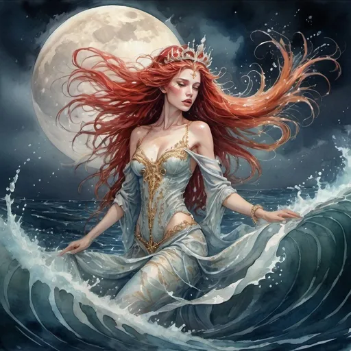 Prompt: sea queen in the stormy ocean at night in the light of the full moon, fluidity of water, shiny splashes, revealing clothes, red long hair styled in a complex hairstyle, gold jewelry, crystal tiara, epic plot, mysticism, fantasy, dynamics of motion, unearthly beauty, soft colors, watercolor, fluidity, detailed picture, Watercolor, trending on artstation, sharp focus, studio photo, intricate details, highly detailed, by greg rutkowski