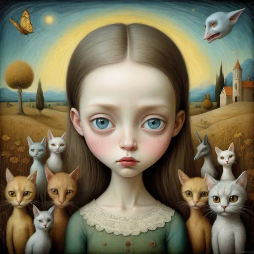 Prompt: strange animals, landscape with optical effect, expressive faces, sharp eyes, style trompe d'oeil, oil painting, painter, paintings by masters, museum, paintings and sculptures, visual delirium, dreamlike, style pop surrealism, modern art, vibrant colors, detailed, style Nicoletta Ceccoli, style Van gogh, style Alexander Jansson, style Picasso, Amazing and beautiful creation, characters and elements of the scenery entirely within the frame of the image, detailed realization, definition high quality, expressive faces, sharp eyes, style trompe d'oeil, surrealism, ambitious aestheticism, varied elements, iconoclast and numerous