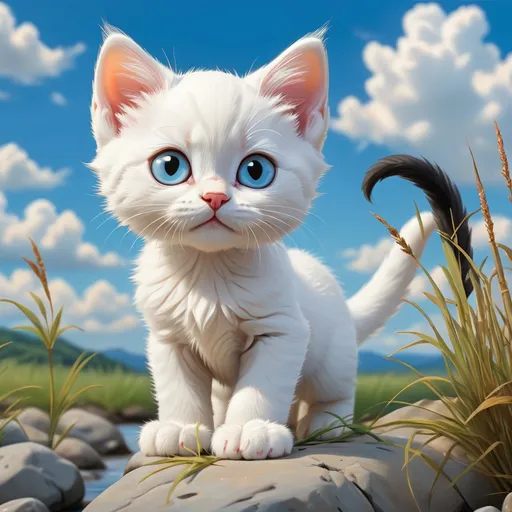 Prompt: Stones on the river bank, a few grasses on a short step, standing a white kitten looking ahead, the kitten's ears are black, the tail is black, the sky is blue with a few white clouds, Japanese Miyazaki Hayao style，8k,