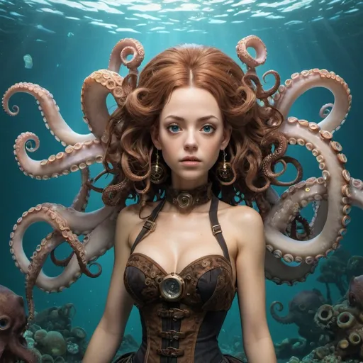 Prompt: Masterpiece, woman, octopus, underwater, from below, detailed face, detailed eyes, detailed hair, whimsical, 8k, best quality, steampunk
Negative prompt: Bad anatomy, normal quality, poor quality 
Steps: 30, Sampler: DPM++ 2M Karras, CFG scale: 6.0, Seed: 1592005856, Size: 512x768, Model: DreamShaper_7_pruned, Seed resize from: -1x-1, Denoising strength: 0, Clip skip: 2, Version: v1.3.57-log-cn-1-g7b192db