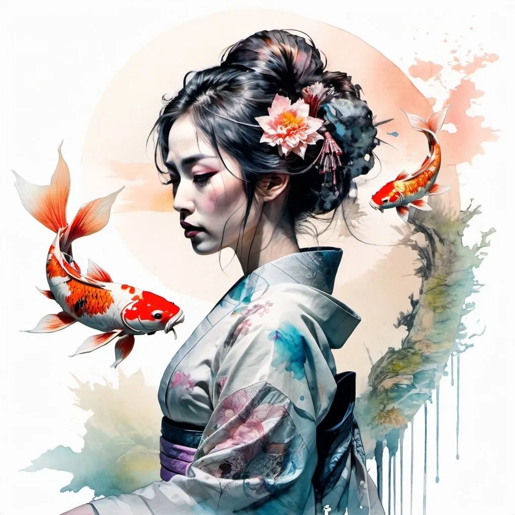 Prompt: Watercolour illustration in the style of JB Waterhouse, Carne Griffiths, Minjae Lee, and Ana Paula Hoppe featuring a Geisha and a giant japanese koi carp silhouette intertwined with a double exposure summerscape sunset portrait, intricate detailing, complex contrast between sharp and soft textures, HDR quality, volumetric cinematic lighting bathing the scene in pastel colours, wide long shot composition, striving for a perfect masterpiece.