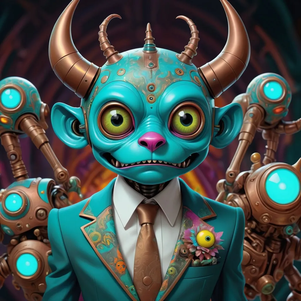 Prompt: a little monster in a suit, in the style of psychedelic artwork, imaginary creatures and robots, steelpunk, cyan and bronze, colorful fantasy realism, witchcore, baroque-punk