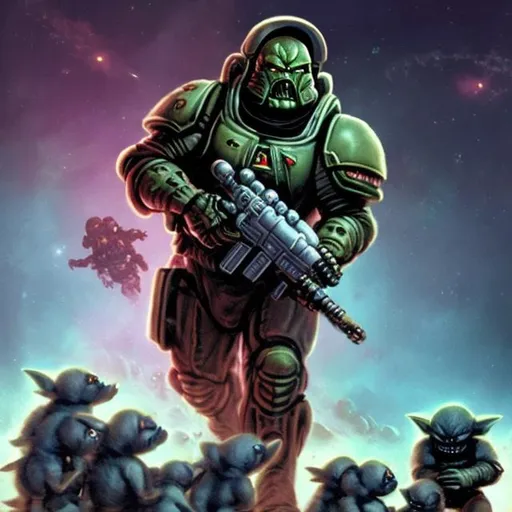 Prompt: A Starfleet space marine fighting an army of the cutest little alien puppies. Distant planet. Doom. Full render. Full color.