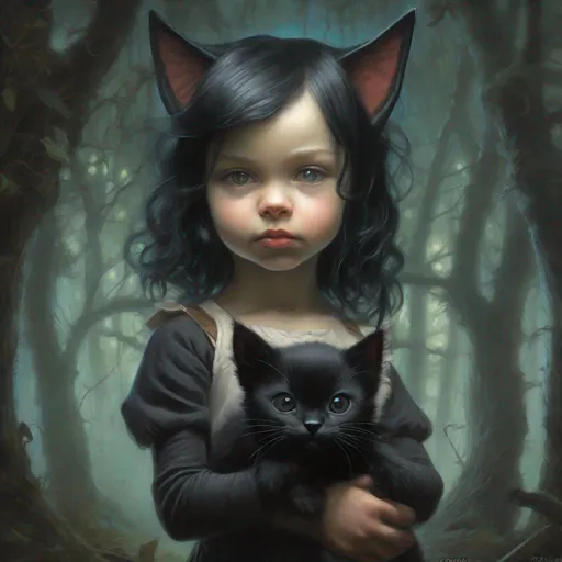 Prompt: Enchanted Forest adventure  The black kitten,midnight celebration, by Craig Davison, by Isaac Rosenberg, , Albert Joseph Penot, Ray Caesar, hr giger, jj fu, gustave dore, Kenyon Cox, detailed face features, sharp eyes, soft skin, highly detailed, sharp, high definition, award winning, photo realistic, organic, painstaking attention to detail, ultra realistic, masterpiece, extremely detailed, irresistible, overwhelming, polished, delightful, marvelous, graceful, glorious, very stylish, trendy, spectacular, tantalizing, exceptional, charming, very attractive, amazing, splendid, delicate, pretty, elegant, mesmeric, trending on artstation, sharp focus, studio photo, intricate details, highly detailed, by greg rutkowski