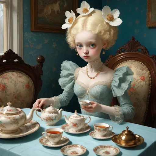 Prompt: Tea party.

Cute creature by Boris Kustodiev and Frank Cadogan Cowper.

A painting in mix style Don Blanding and  Ray Caesar and Victor Nizovtsev and Alyssa Monks and Abigail Larson  and Catherine Hyde and Esao Andrews

Imagination, mysterious  art style. Intricate details, hyper detailed, masterpiece.
Ultra detailed outfit. 32k. Divine proportion. Ultra detailed textures. Perfect. 