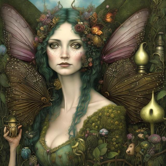 Prompt: Faery  Queene Peruvian arpillera Oxana dobrovolska victo ngai henry rousseau Vladimir kush peregrine heathcoate catrin welz-stein Andrea kurti Andrea kowch 