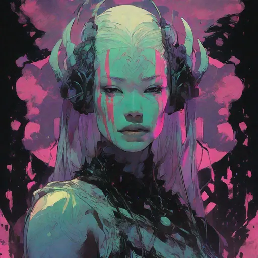 Prompt: closeup illustration of a pitch darkness portrait ,  fluorescent handprint on model's face,   serpan warrior, grunge, atey ghailan, Art by Jock,  pino daeni , art by lois van baarle and loish and ross tran , Charles Vess, Chiho Aoshima , Kay Nielsen, dark ambient, chiaroscuro, Simon Bisley, and H.R. Giger. insist artstation, art by stanley artgerm, painting by daniel f gerhartz,  art by Andrew Atroshenko, 

