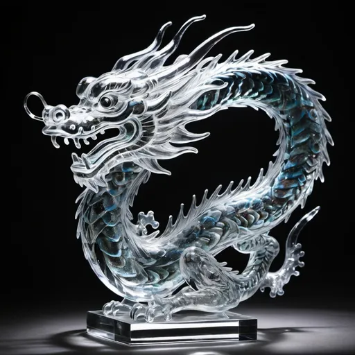 Prompt: crystal ((clear glass)) sculpture of a (Chinese dragon), Chinese New Year, year of the dragon, (((translucent))), luminance