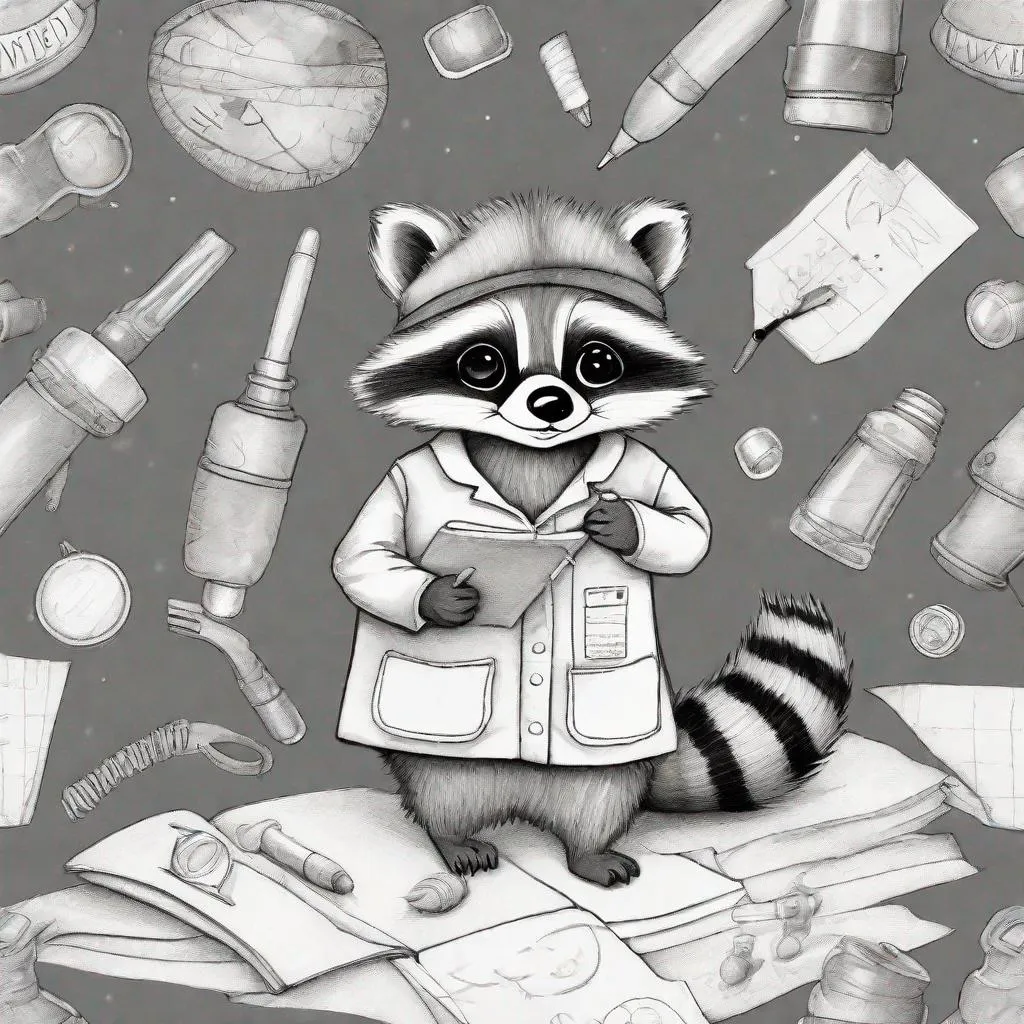 Prompt: Drawing on letter paper, cute, for coloring, cute little scientist-inventor raccoon cute images, style by illustrator Ruth Morehead, cute, beautiful, sweet, fine lines and soft contours, full body, completely without color. Black background. watercolor,
Perfect picture, muted color. cute animals.