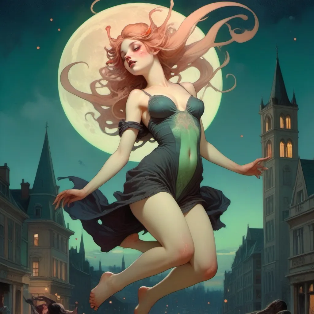 Prompt: beautiful succubus, legs showing, arms showing, jumping, fragonard, pixar, glowing eyes, dusk, Gothic, pale green skin, night sky, city, bioluminescent, wearing tattered clothing, blood, blood spatter, galaxy, backlit, glowing, delicate, peach, indigo, teal, grey, black, soft, straight hair, long hair, ethereal, dark night, luminous, 3D lighting, soft light, detailed face, realistic face, HD,  yellow school bus, ((bouncy castle)), ((jumping)), jump