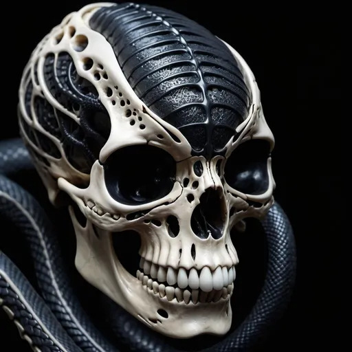 Prompt: medical-themed closeup of a beautiful and intricate cobra snake skull made of ethereal black phosporous molecular strands, by VVinchi . eerie, unsettling, dark, spooky, suspenseful, grim, highly detailed