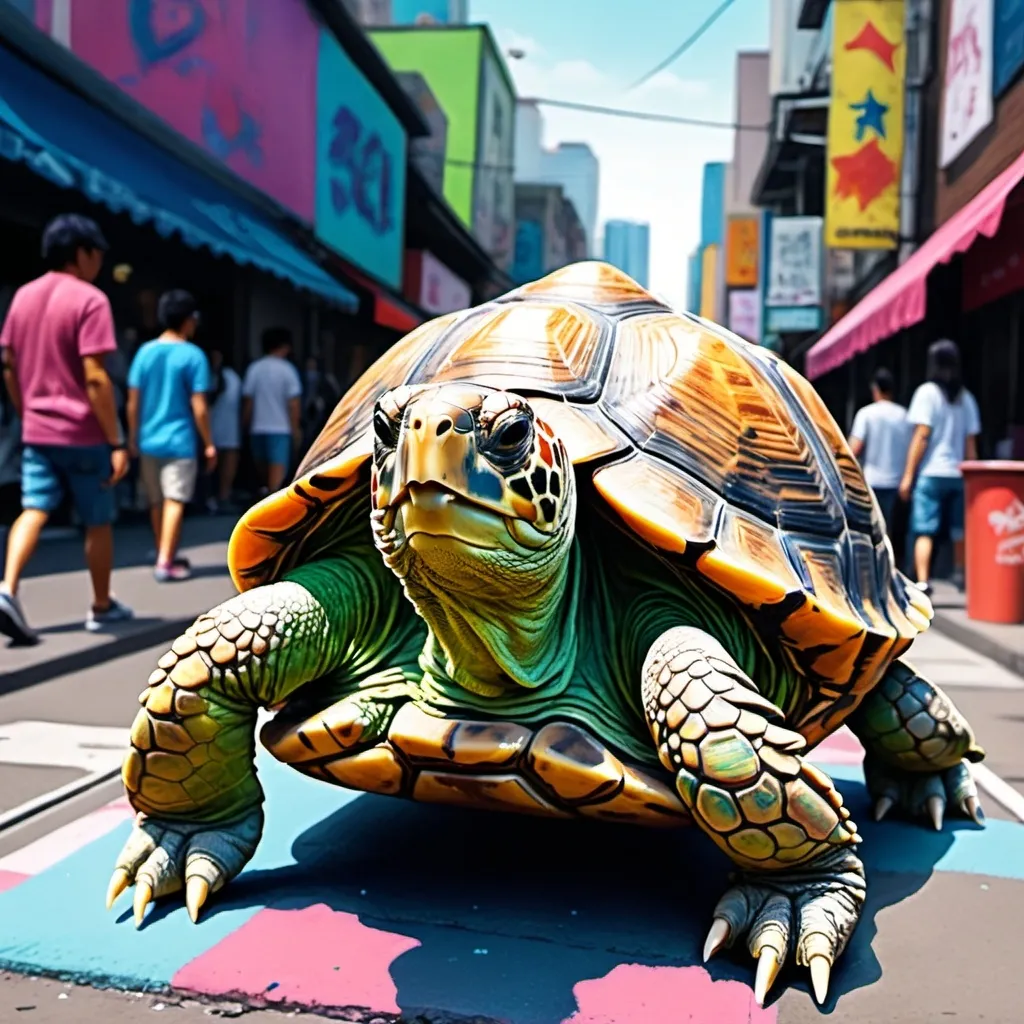 Prompt: pop art chalk pastel art of detailed tortoise wearing USA clothes playing in the streets in cyberpunk japan during a festival, sketch, detailed background, highres, fun atmosphere, natural lighting,  abstract, fun