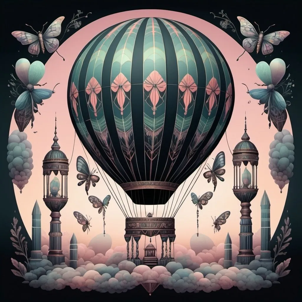 Prompt: One big hot air balloon in the style of ethereal geometry, intricate pastel illustrations, a dark background, columns and totems, mirrored realms, made of insects, graphic design-inspired illustrations