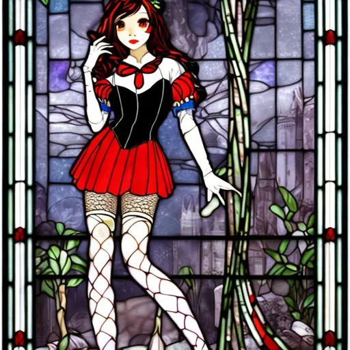 Prompt: stained glass,snow white slim and tall ,lingery,bodystocking,mini skirt  ,legs stockings patern stripes, , lace gater  ,