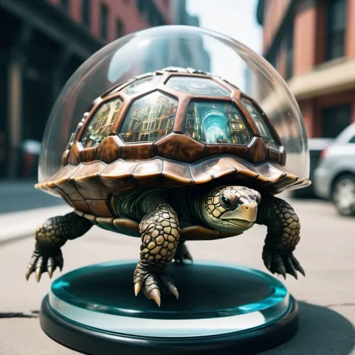 Prompt: Analog photo of steampunk turtle with transparent shell with cyberpunk cyberpunk city inside by caravaggio, no man's sky 