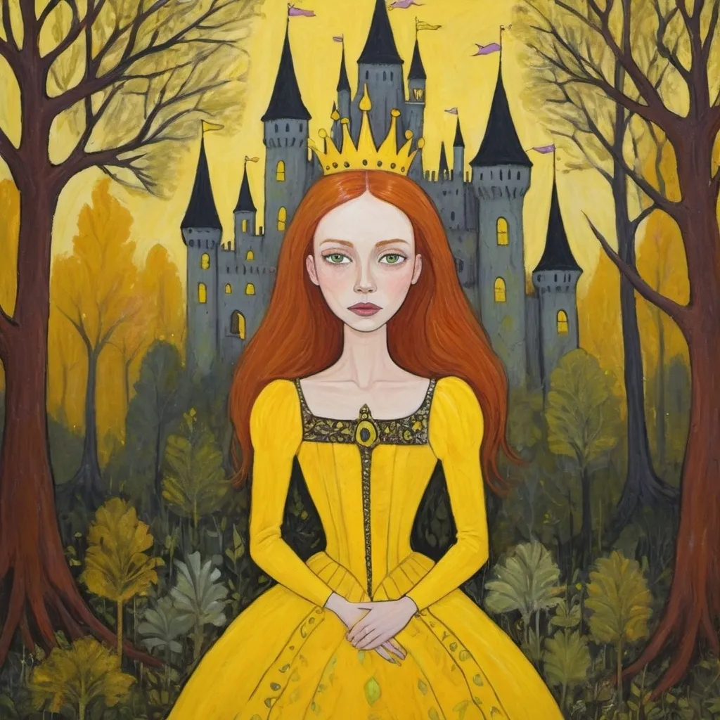 Prompt: Yellow ethereal Naive art brut fairytale yellow queen auburn hair in front of her castle in the woods