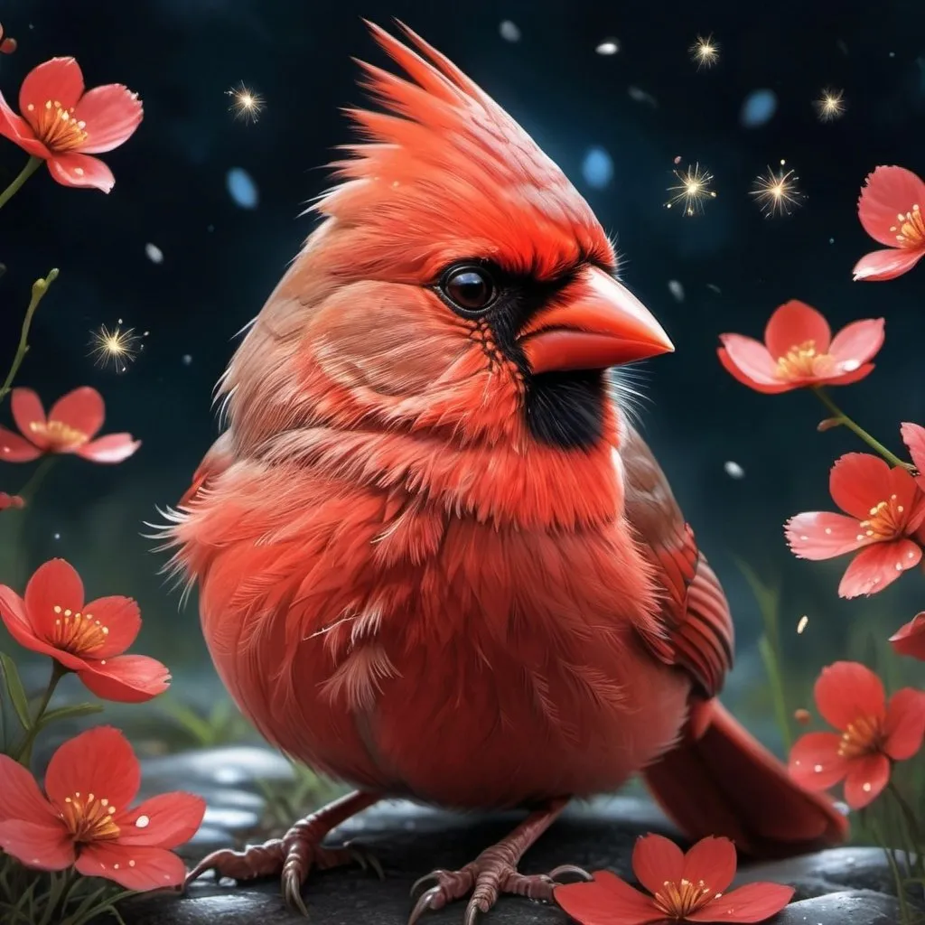 Prompt: A hyper-realistic digital artwork of an adorable cute red northern cardinal sitting on the ground, looking happy and with his eyes closed. The fur of the red northern cardinal is dense and textured, with each hair finely detailed and shimmering with tiny fireflies under a dimly lit night sky. Sakura petals fall around it, adding to the magical, serene atmosphere. The scene is set on a rough textured surface that resembles the wood. The color palette is dominated by shades of blue, emphasizing a chilly, enchanting ambiance