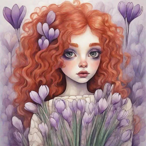 Prompt: a cute girl with red hair with curls and now a fur coat is holding a bouquet of crocuses in the style of Tim Burton
Painting with pastels, felt-tip pens and wet paints
detailed
colorful
pastel colors paintings
white, soft beige, smoky lilac
don't take your eyes off