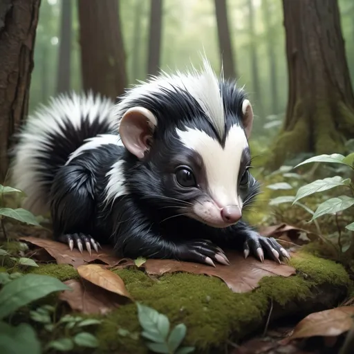 Prompt: adorable gorgeous anthropomorphic baby skunk smooth soft fluffy fur on head, laying sleeping  in forest by Alex Ross, CGSociety, Carne Griffiths, James Christensen character design, digital illustration, awesome background, Norman Rockwell, 8k resolution, Lou Xaz, cinema 4d"