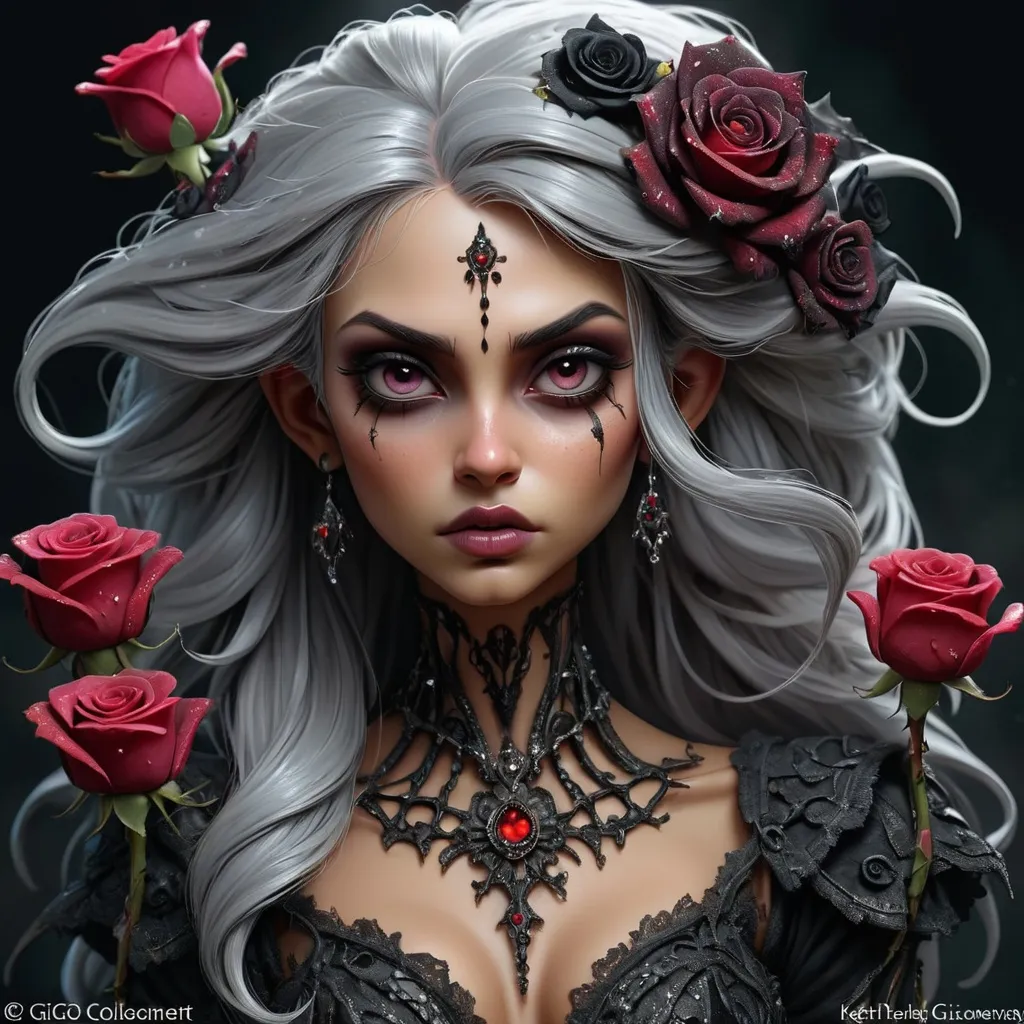 Prompt: DucHaitenNiji, mdjrny-v4 style hyper detailed beautiful dark fairy, silver hair, hyper focused, with glitter black, dead roses, bones laying haphazardly, dark colors, ominous, intricate extremely detailed fantasy intricate elegant portrait detailed face coherent face highly detailed digital painting keith garvey Diego Gisbert Llorens fantasy, hyper realistic, intricate detail, dark moody aesthetic, deep highlights and low lights, shadows, contrast