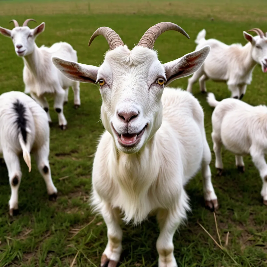 Prompt: On the surface a happy goat sitting in a field dancing playfully around but with mad and manic. A background of sadness and melancholy with other goats looking concerned. 