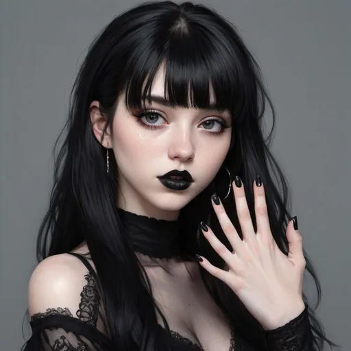 Prompt: E-girl, fully body, black hair, bangs hairstyle, pale skin, high detail, highly detailed, digital painting, blank background, black fingernails on fingers, black lipstick