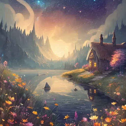 Prompt: Aesthetic, beautiful, painting, witch's cottage, chimney smoke, fantasy, adventure, river, soft, art, RPG, highres, illustration, starry sky, wonderland, wildflowers, cute, lake, sunset