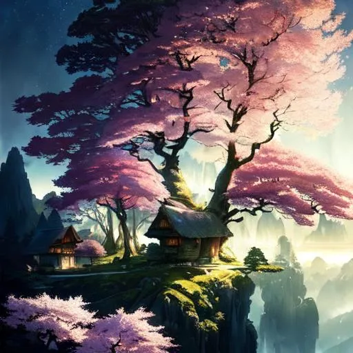 Prompt: ((highly detailed sharp focus 4k UHD wallpaper)) 9:16 breathtaking awe inspiring giant forest at twilight hour, majestic oak trees, Sakura trees, hobbit houses on the cliffside, magical, iridescent, fairycore, mountains in the distance, dramatic foreground framing, art by Stephan Martinière and Liam Wong, Caspar David Friedrich, Jessica Rossier, and Ferdinand Knab.
