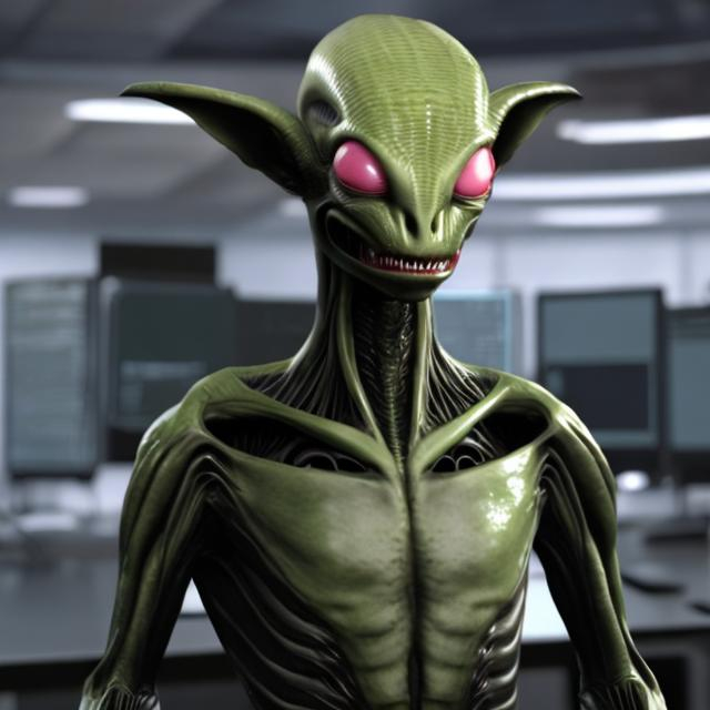 Prompt: A 3D rendering of Henry in his alien form. He has green skin, large, pointed ears, and a long, forked tongue. He is wearing a tight-fitting black suit. He is standing in a laboratory, and the background is a series of computer screens.