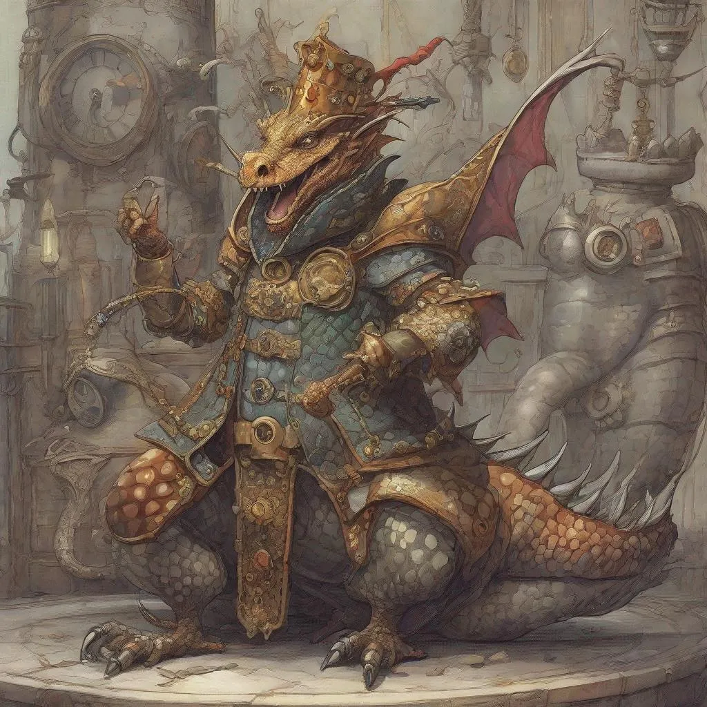 Prompt: Dragons magical Startled Steampunk 12th Century court Jester dragon with king accoutrements humorously reacts with a startled scream