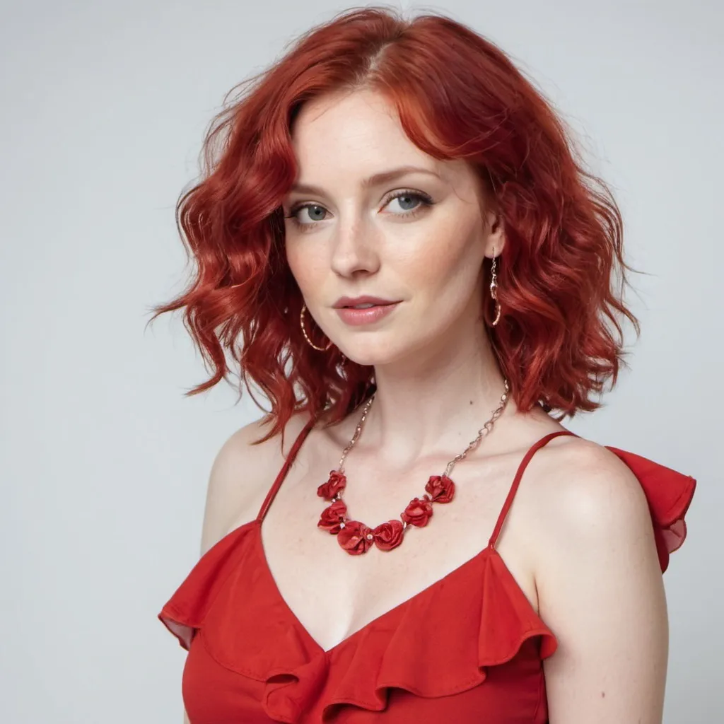 Prompt: 
woman, wavy red hair, wearing short red color, with frill, neck necklace, full body, white background