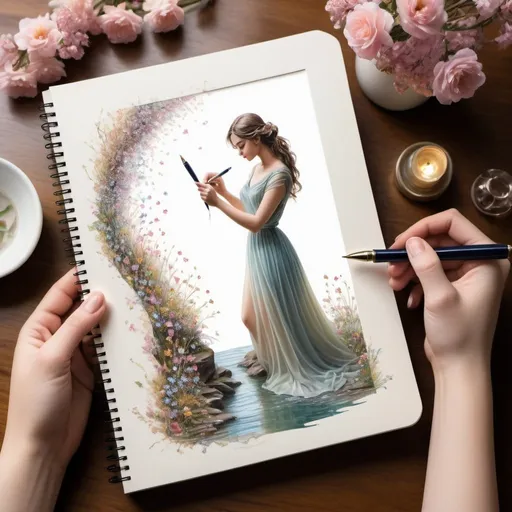 Prompt: Writer is holding a resin see through pen with beautiful soft coloured tiny flowers the flowers are spilling from the inside and out of the tip of the pen. The flowers flowing in a stream out of the pen tip forms a beautiful woman in a flowing dress landing on the page of a notebook photo realistic detailed. There is a lamp besides notebook