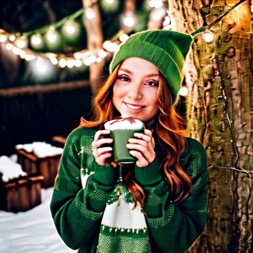 Prompt: charming red fox in a green knit sweater, winter wonderland, hot chocolate, forest green, warm, cozy vibes, string lights