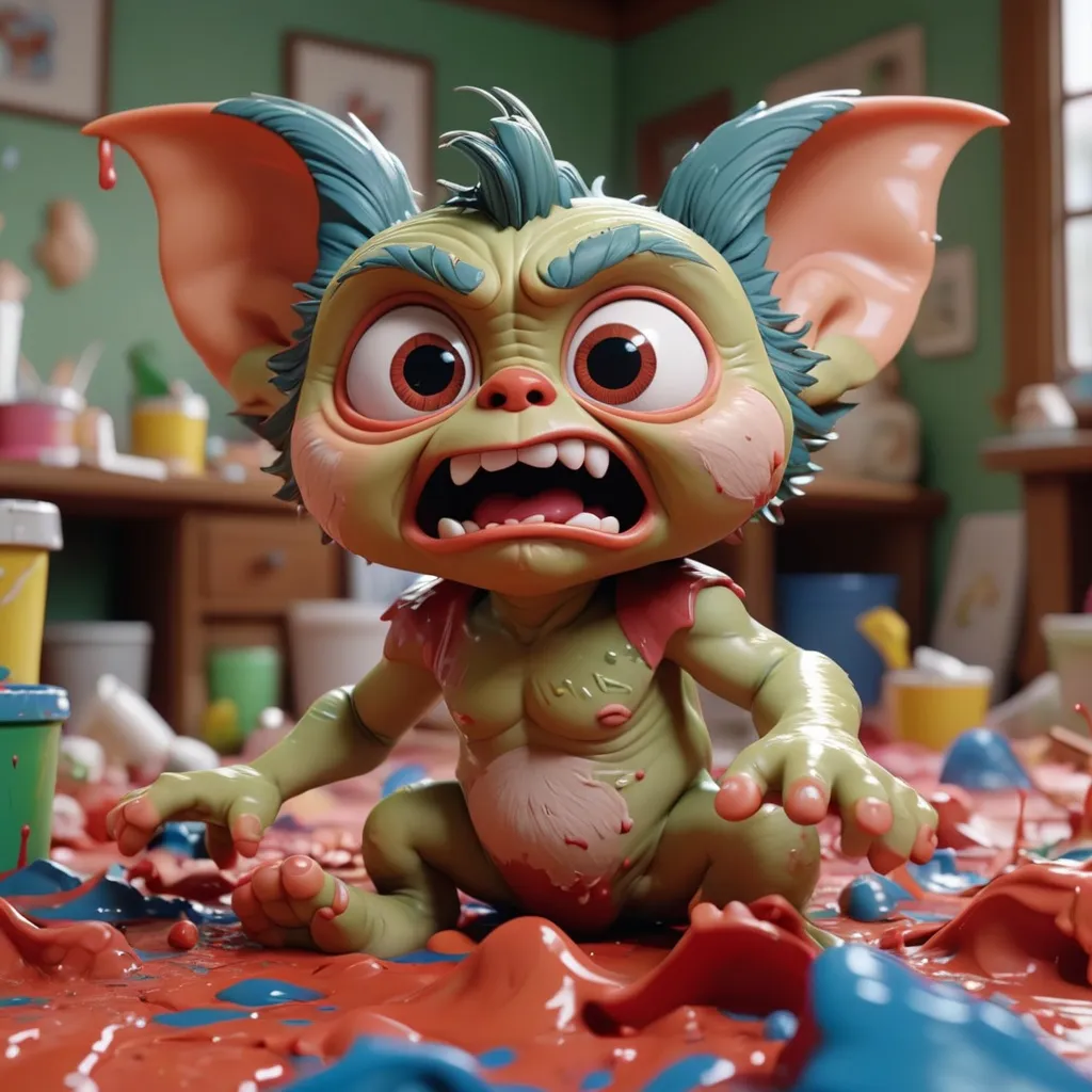 Prompt: 3d effect of cute baby gremlins play around causes the room to be very messy in an overall pattern, the faces of the gremlins are covered in paint, cartoon and claymation style, unreal engine render, 8k, intricate details