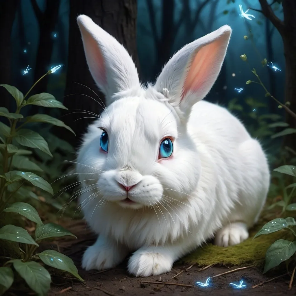 Prompt: A hyper-realistic digital artwork of an adorable cute white rabbit lying on the ground, looking directly at the viewer with big and blue, expressive eyes. The fur of the rabbit is dense and textured, with each hair finely detailed and shimmering with tiny fireflies under a dimly lit night sky. Sakura leaves gently fall around it, adding to the magical, serene atmosphere. The scene is set on a rough textured surface that resembles the wood. The color palette is dominated by shades of green and grey, emphasizing a chilly, enchanting ambiance