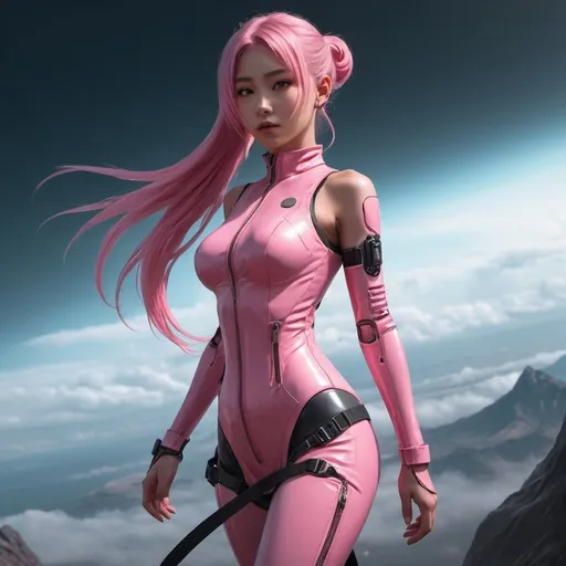 Prompt: Full body, {{{masterpiece}}}, {{{ the best quality}}}, {{{ultra-detailed}}}, {cinematic lighting}, {illustration}, 1girl, ((float in the sky)),((pink transparent zipper plugsuit)), strap dress,Cyberpunk,pink long ponytail hair, hourglass figure,long skirts ,Cyberpunk, ,((chrometech)), Glowing ambiance,garterbelt,epic cinematic ,dragon_aodai_nam
