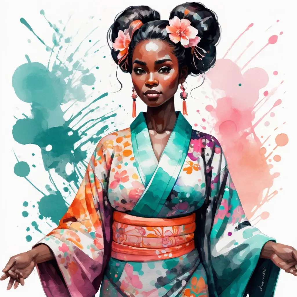 Prompt: A gorgeous, stunning body, woman wearing an intricate kimono, digital watercolor painting,  paint splatter, bold brush strokes, dark skin, bright colors on white background, teal orange pink black white color pallette, symmetrical, adorable, cute, Pixar style painting, art nouveau