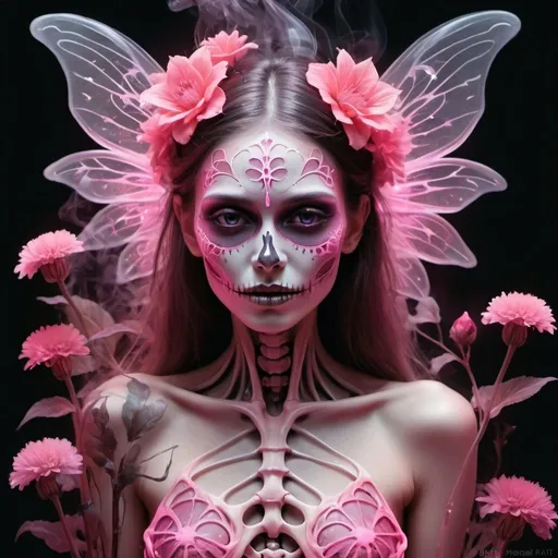 Prompt: Fluorescent fairy portrait with crystal-like, transparent features resembling a beautiful skeleton, engulfed in misty red and pink hues, surrounded by flowers within smoke against a black hazy backdrop, her ethereal form adorned with the finest, near-invisible silk and delicate pink body art, accentuated by the dark, surreal vegetation of the mysterious surrounding, digital artwork with clarity in intricate details, imbued with elements of