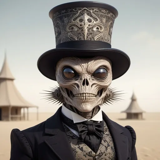 Prompt: Illustration of an alien creature, Victorian gentleman attire fused with a helmet-shaped head akin to a lace top hat, intricate patterns, spikes, skin wrinkled, pale, translucent, large glossy eyes, skeletal mouth, dark embossed armor with noble curves, soft unfocused natural background with sandy terrain, cinematic.