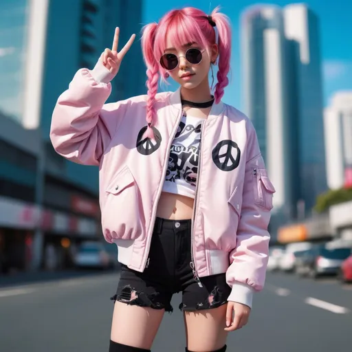 Prompt: wide standing view, full body view, cute petite 21 year old anime girl, pink hair, two braided pigtails, making peace sign with one hand,  sunglasses ((white, oval frame)), puffy bomber jacket, black combat boots, highly stylized artstyle, messy abstract neon tokyo background, wide view, digital illustration, ultra hd, extreme long shot, telephoto lens, motion blur, wide angle lens, deep depth of field, deep blue color scheme, pastel color scheme