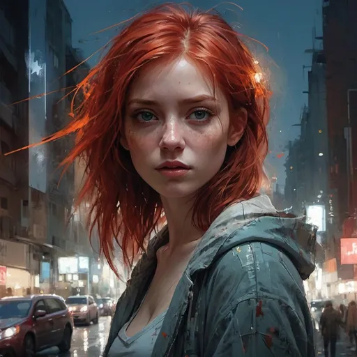 Prompt: a girl, red hair, poster abstract beauty, centered, looking at the camera, approaching perfection, dynamic, moonlight, in the city, highly detailed, digital painting, artstation, concept art, smooth, sharp focus, illustration, art by Carne Griffiths and Wadim Kashin, (rule of thirds : 2.5), expressive impossible pose, 4k, full HD, all quality 