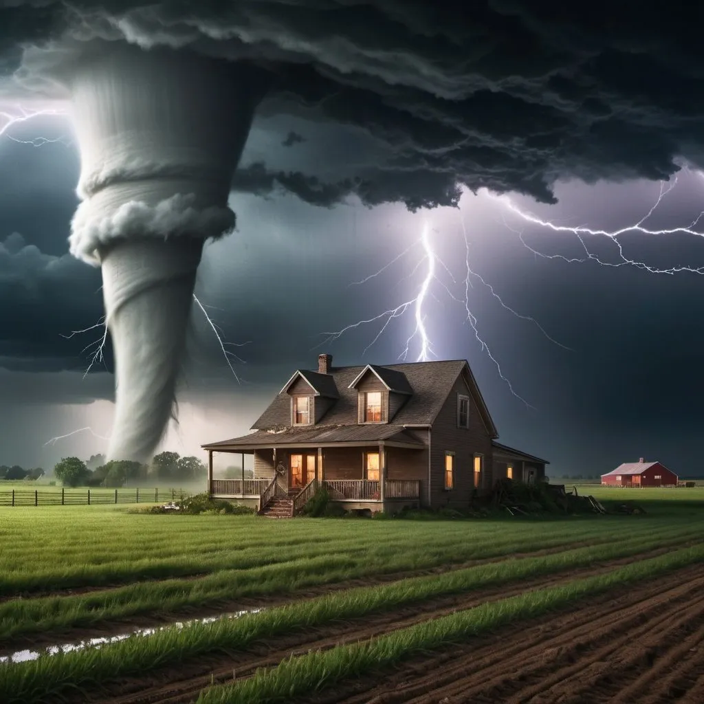 Prompt: Create an epic landscape of a tornado ripping through a farm with a house to one side of the image, lightning flashing through the air,, Mysterious