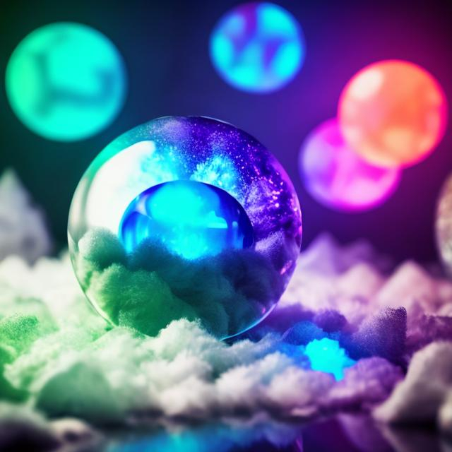 Prompt: Fluffy cute crystal ball glowing with magical energys and oozing with fluffs, background crystal cave,