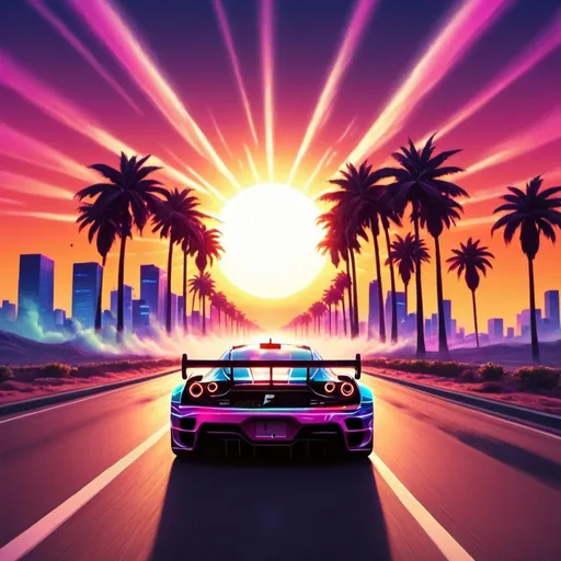 Prompt: F1 car on road driving into the sunset, profile, vapor wave theme, looking at the sun in back ground, palm trees on the road, looking over the city, trippy sky, vibrant colors, HD, 4K, professional brush work, detailed, cinematic shot, better