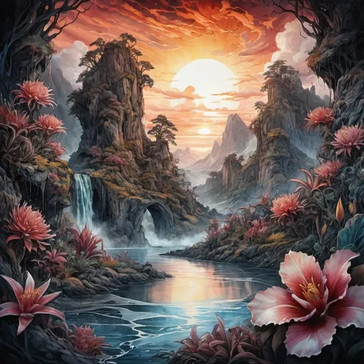 Prompt: Stunning exotic landscapes, unrealistic flora,  ink, nature punk, beautiful, mysterious, high contrast, deep rich colors, ultra-detailed, intricate details, fantasy concept art, sunset, clouds, flowing water, 16k edge lighting , perfect lighting, sharp focus, ultra high definition, realistic, vivid colors, layered, glowing from within, filigree, mother of pearl, UHD drawing, studio photo, popular on artstation, perfect composition., Watercolor, trending on artstation, sharp focus, studio photo, intricate details, highly detailed, by greg rutkowski